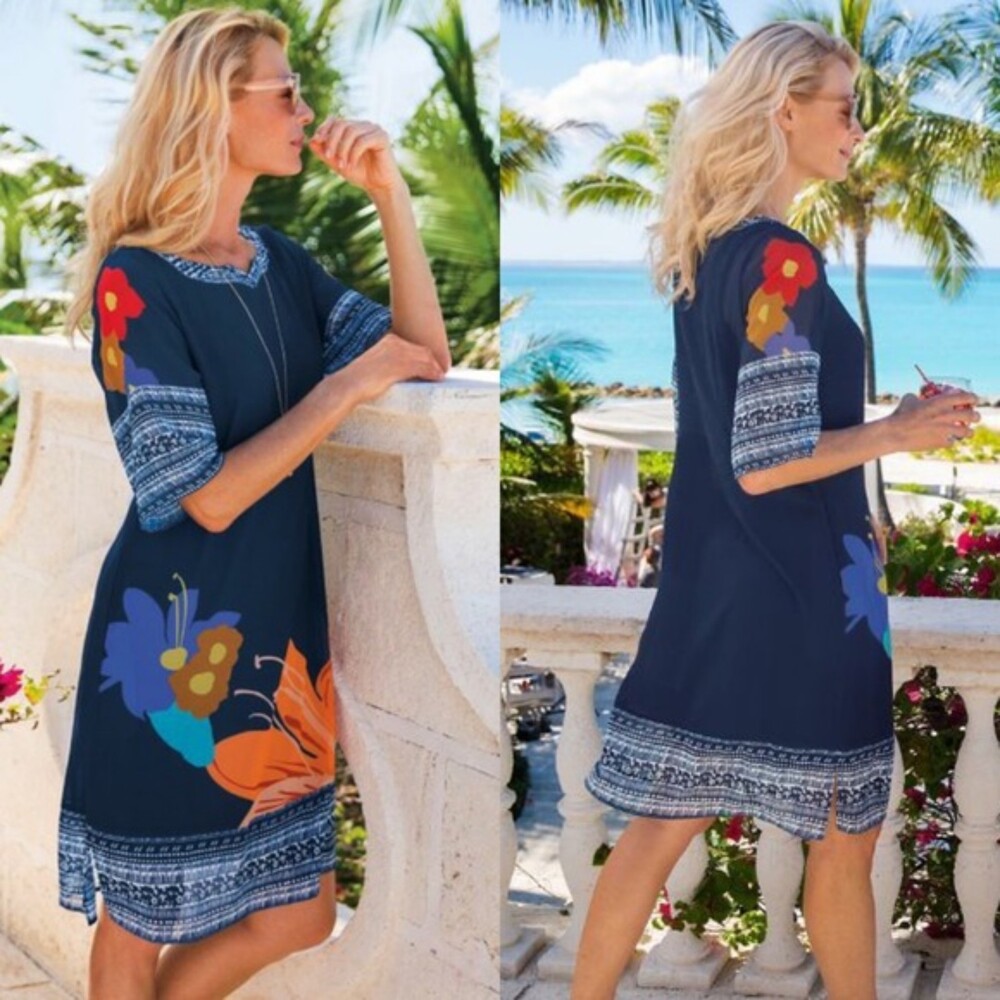 Soft Surroundings PXS Blue Floral Sheer Short Sleeve Pockets Dress Coverup